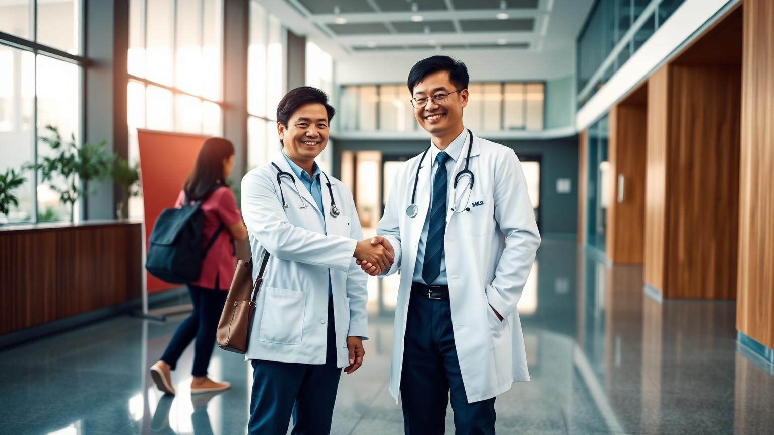 A doctor warmly welcoming an international patient in a modern Chinese hospital lobby